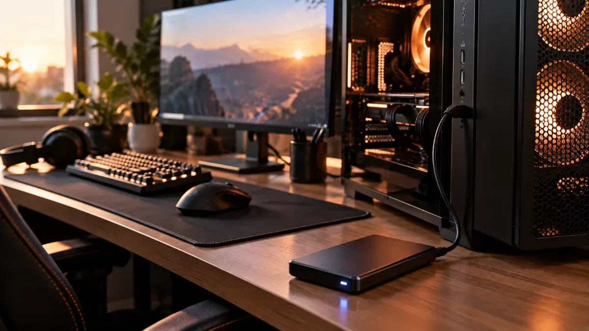 Disque externe USB posé sur un bureau à côté d'un PC gamer et d'un écran