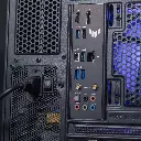 Vue d'ensemble de la connectique arrière du PC Aqua présentant un port HDMI, un DisplayPort, plusieurs ports USB