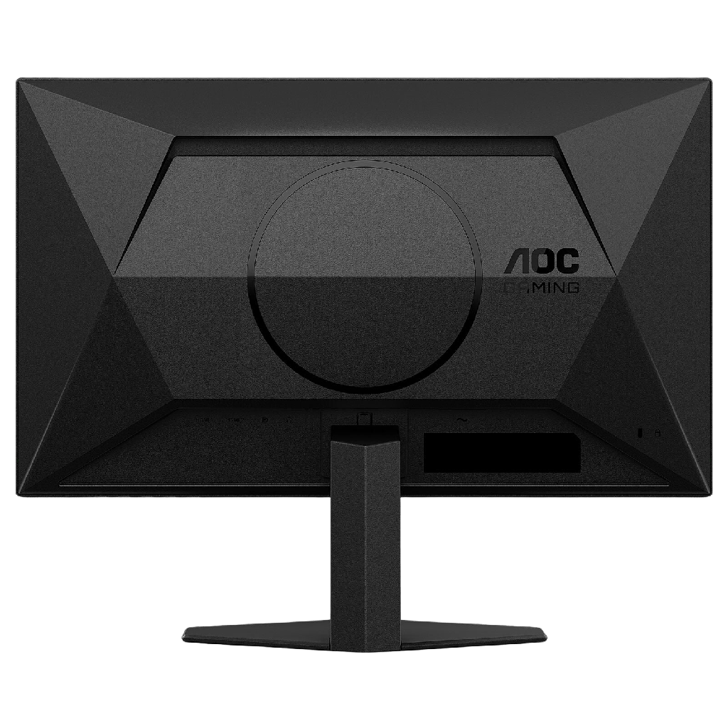 Vue arrière complète de l'écran AOC révélant un design texturé avec des lignes géométriques agressives et le logo "AOC GAMING" gravé sur la droite