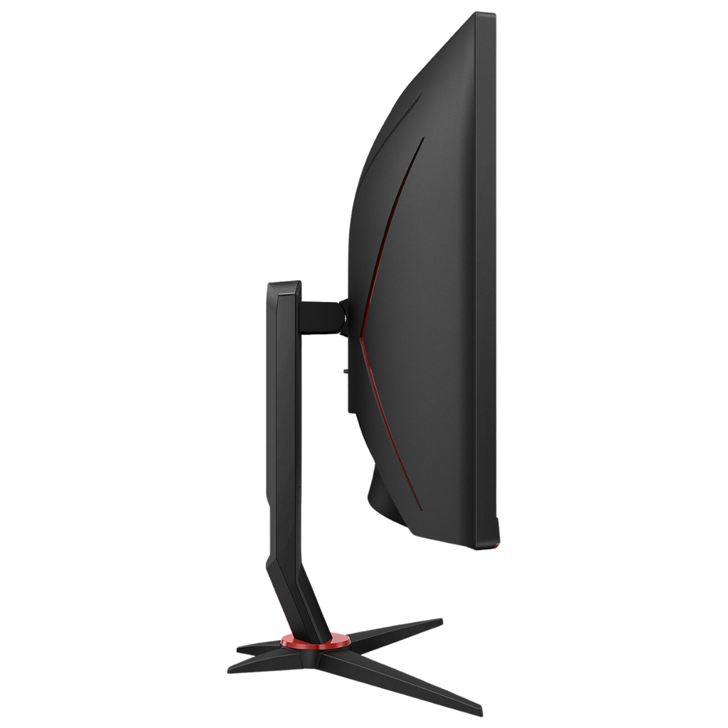 Vue de profil de l'écran PC gamer incurvé AOC 34 pouces WQHD avec pied ergonomique et accents rouges pour setup FlowUP