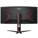 Vue arrière complète de l'écran PC gamer incurvé AOC 34 pouces WQHD avec accents rouges et logo pour setup FlowUP