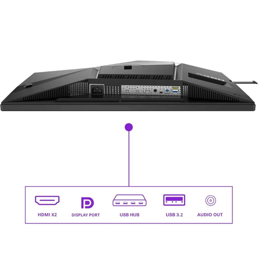 Vue de dessous de l'écran PC gamer AOC AGON PRO AG256FS avec ports HDMI, DisplayPort, hub USB 3.2 et sortie audio pour setup FlowUP