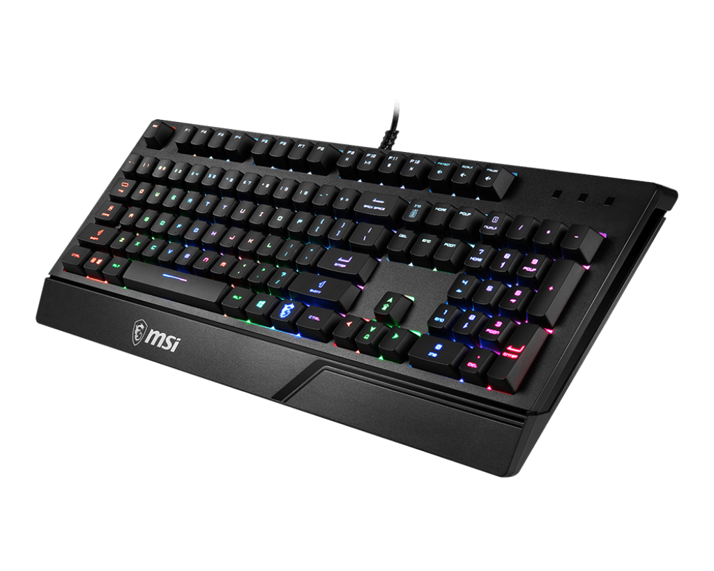 Vue de trois quarts clavier gaming MSI Vigor GK20 FR noir avec touches AZERTY et rétroéclairage RGB arc-en-ciel pour setup PC FlowUP