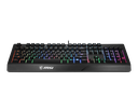 Vue de face clavier gaming MSI Vigor GK20 FR noir avec rétroéclairage RGB arc-en-ciel et repose-poignets intégré FlowUP