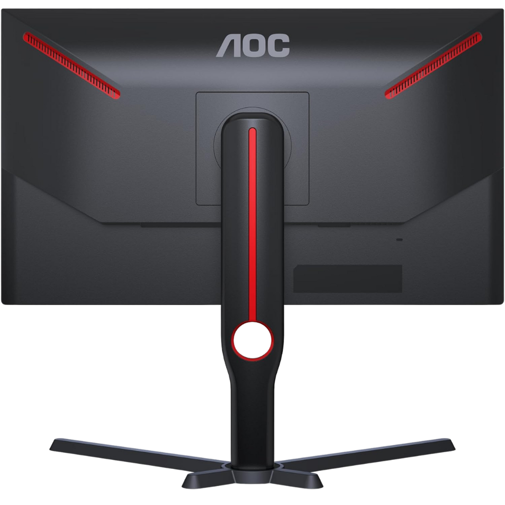 Vue de face de l'écran PC gamer AOC 24,5 pouces 25G3ZM affichant une guerrière masquée devant un halo de feu et ses caractéristiques dont le taux de rafraîchissement 240Hz