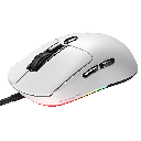 Vue de trois quarts souris gamer Cougar Airblader blanche avec molette crantée et boutons programmables pour setup PC FlowUP