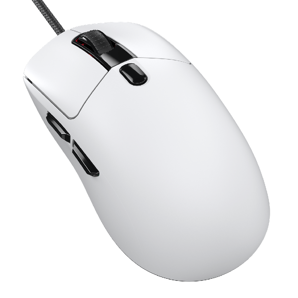 Vue plongeante souris gamer Cougar Airblader blanche au design épuré avec câble tressé et clics mécaniques réactifs FlowUP