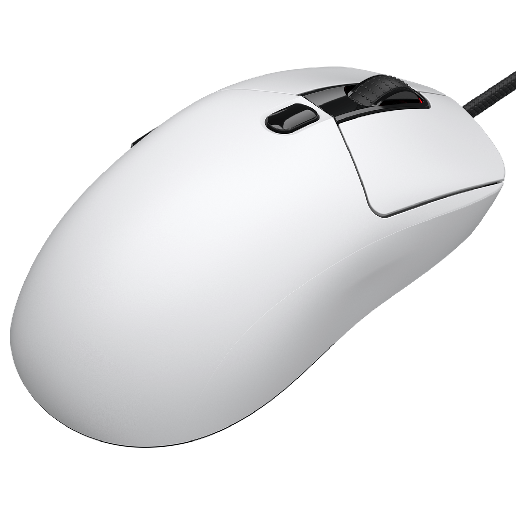 Vue arrière trois quarts souris gamer Cougar Airblader blanche montrant sa forme ergonomique et sa finition mate premium FlowUP