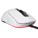 Vue de face inclinée souris gaming Cougar Airblader blanche mettant en avant l'éclairage RGB sous le châssis et le câble FlowUP