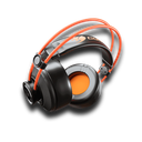Vue de trois quarts casque gaming filaire Cougar Immersa Ti EX noir et orange avec larges oreillettes et arceau suspendu FlowUP