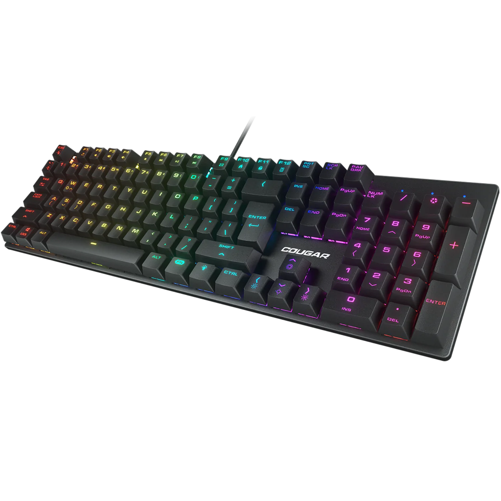 Vue d'ensemble clavier mécanique Cougar Combat noir avec rétroéclairage LED RGB et châssis métallique robuste pour setup gaming FlowUP