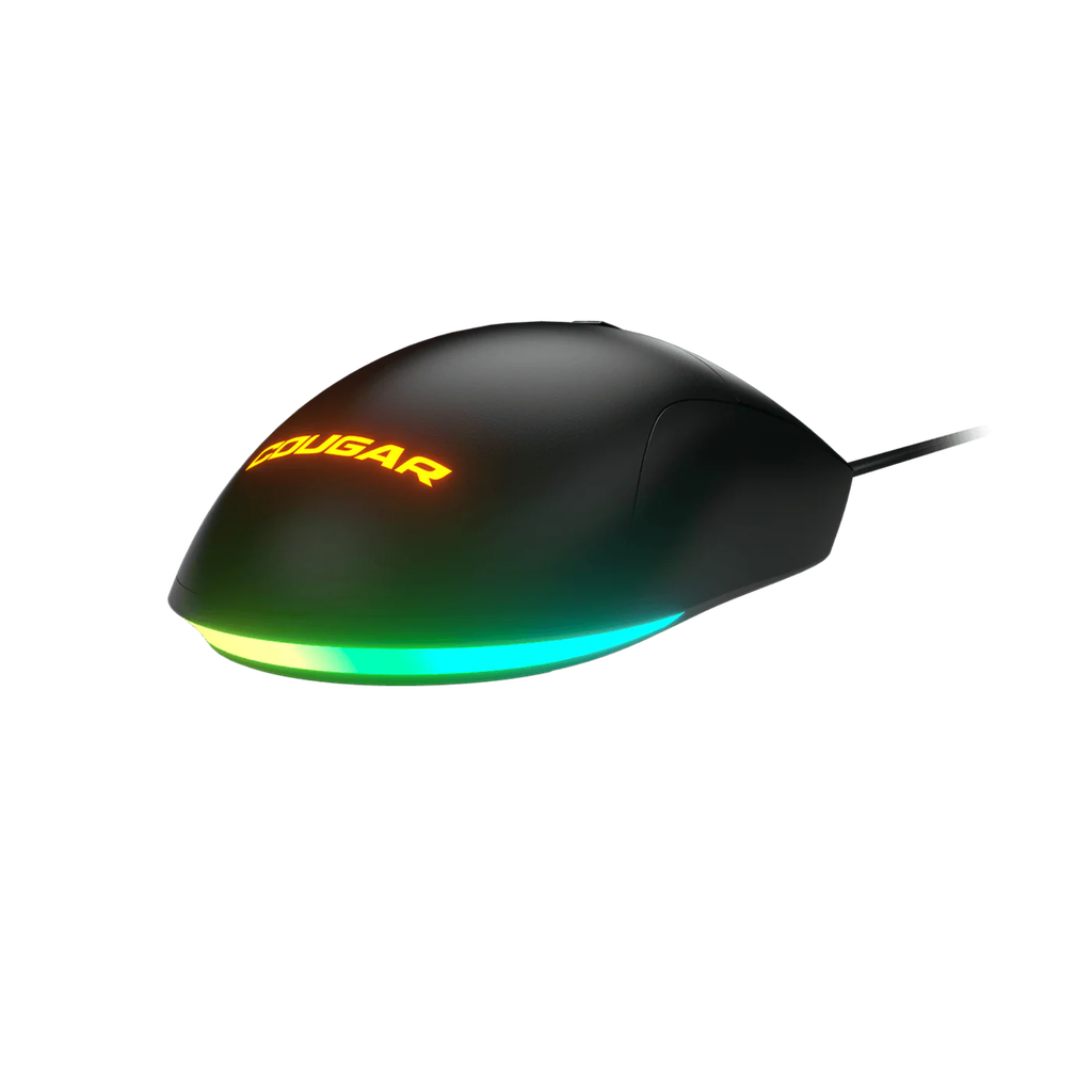 Vue arrière souris gamer filaire Cougar Combat noire avec rétroéclairage LED RGB et base lumineuse pour setup PC FlowUP