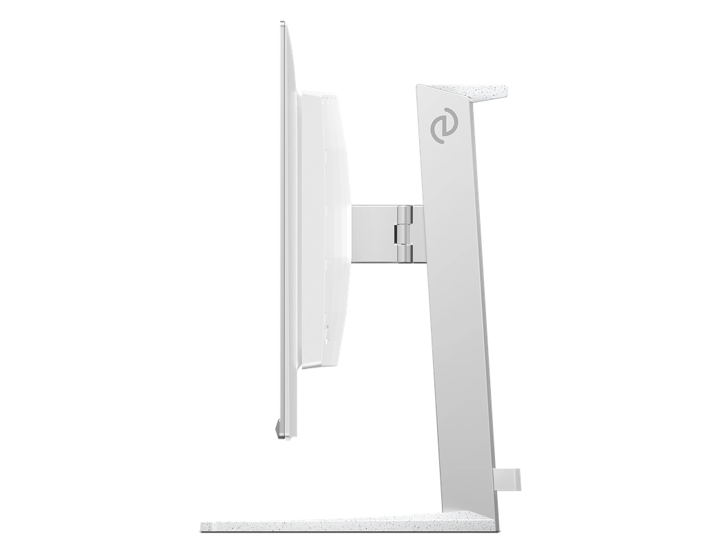 Vue de trois-quarts de l'écran PC gamer plat Philips Evnia 27 pouces avec son pied ergonomique blanc au design épuré pour setup FlowUP