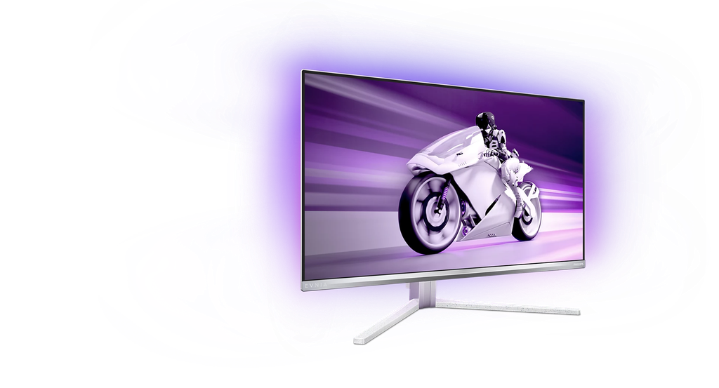 Vue de profil de l'écran PC gamer plat Philips Evnia de 27 pouces montrant son pied ergonomique blanc et son design ultra-fin pour setup FlowUP.