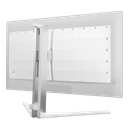 Vue arrière de trois-quarts de l'écran PC gamer plat Philips Evnia de 27 pouces montrant son pied ergonomique blanc et son design moderne pour setup FlowUP.