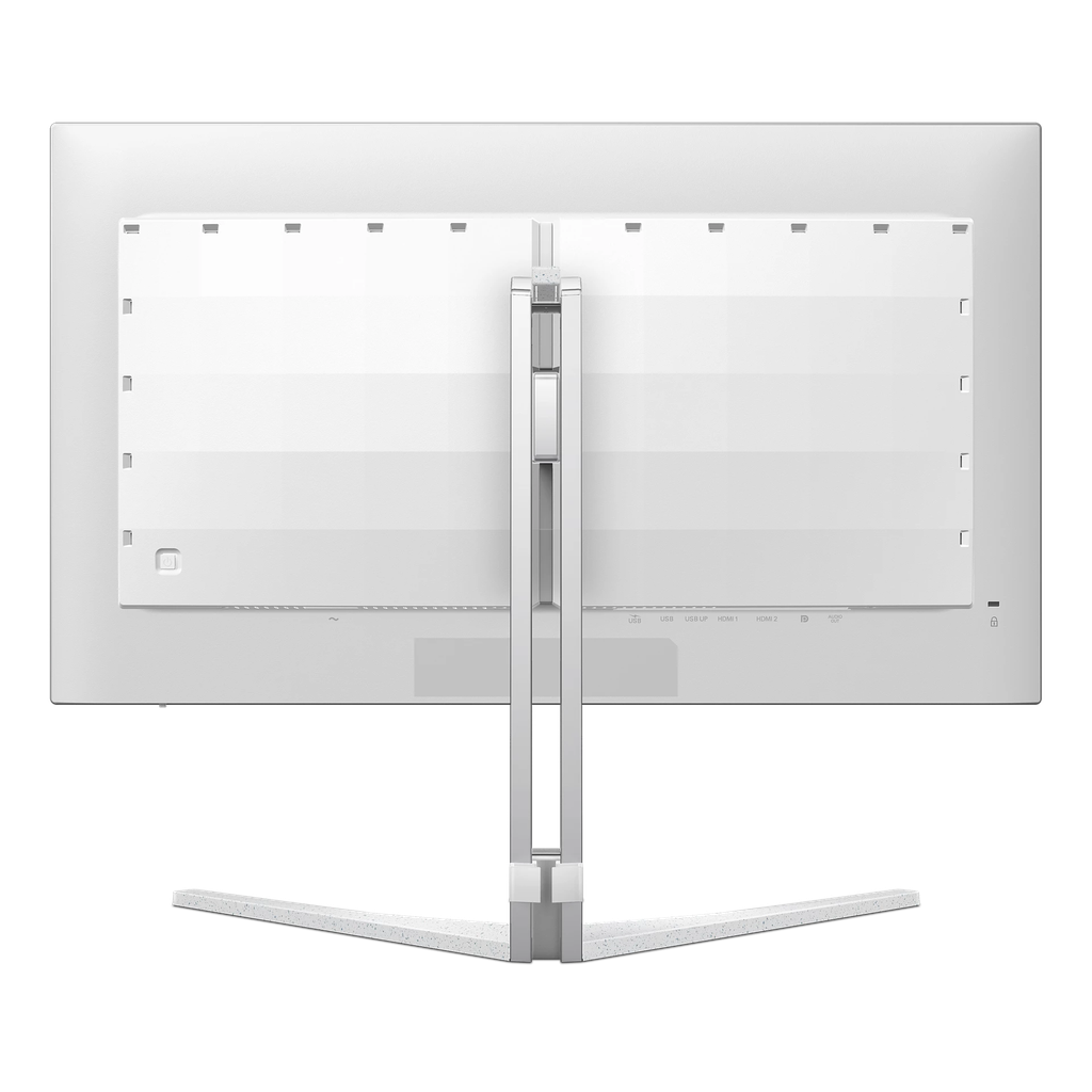 Vue arrière de l'écran PC gamer plat Philips Evnia de 27 pouces montrant son pied ergonomique blanc et son design moderne pour setup FlowUP