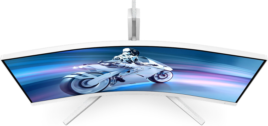 Vue de dessus de l'écran PC gamer incurvé PHILIPS EVNIA 34 pouces blanc montrant la courbure de la dalle pour setup FlowUP
