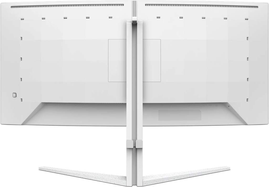 Vue arrière complète de l'écran PC gamer incurvé PHILIPS EVNIA 34 pouces blanc avec pied ergonomique pour setup FlowUP