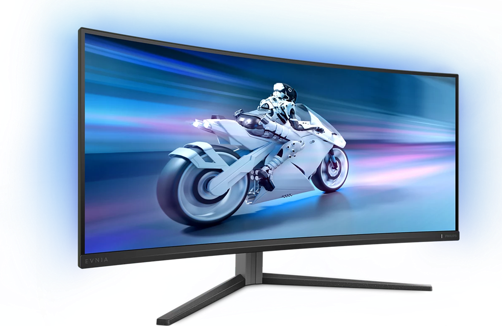 Vue de trois-quarts de l'écran PC gamer incurvé Philips Evnia 34 pouces montrant l'éclairage Ambiglow bleu activé pour setup FlowUP
