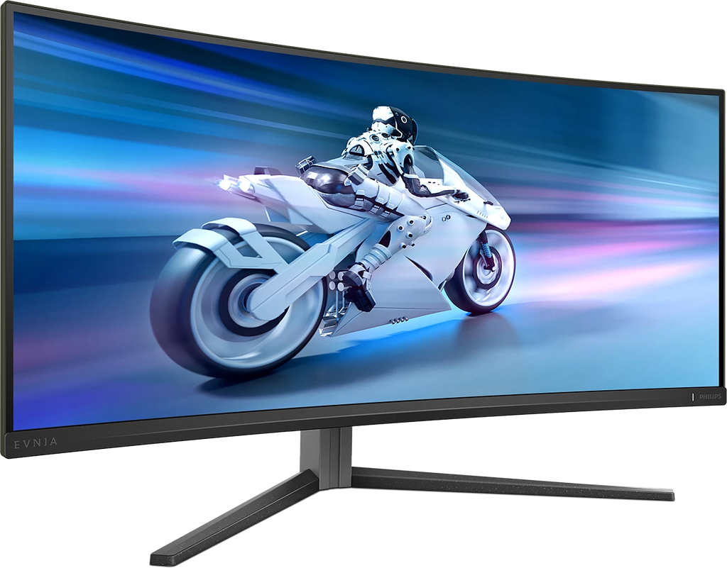 Vue de face de l'écran PC gamer incurvé Philips Evnia 34 pouces montrant l'éclairage Ambiglow bleu activé pour setup FlowUP