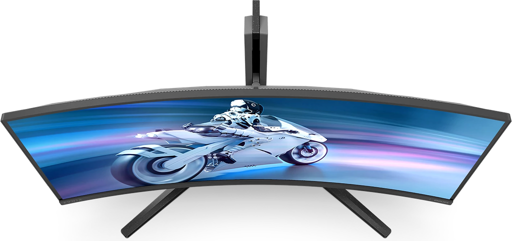 Vue de dessus de l'écran PC gamer incurvé Philips Evnia 34 pouces montrant sa courbure et son pied ergonomique noir pour setup FlowUP