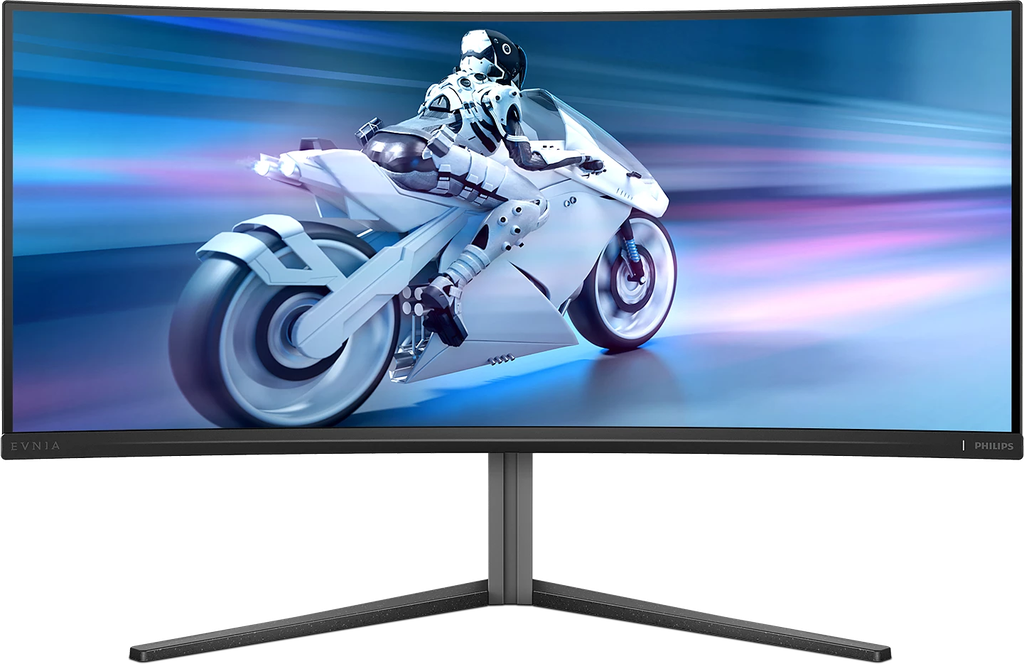 Vue de face de l'écran PC gamer incurvé Philips Evnia 34 pouces montrant son pied ergonomique noir et son design moderne pour setup FlowUP
