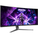 Vue de trois-quarts de l'écran PC gamer incurvé AOC Agon Pro 34 pouces montrant son pied ergonomique et son design moderne pour setup FlowUP