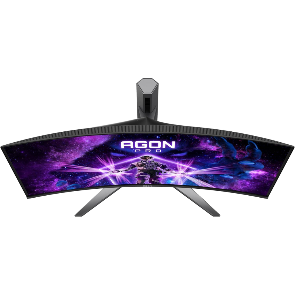 Vue de dessus de l'écran PC gamer incurvé AOC Agon Pro 34 pouces montrant sa courbure et son pied ergonomique gris pour setup FlowUP