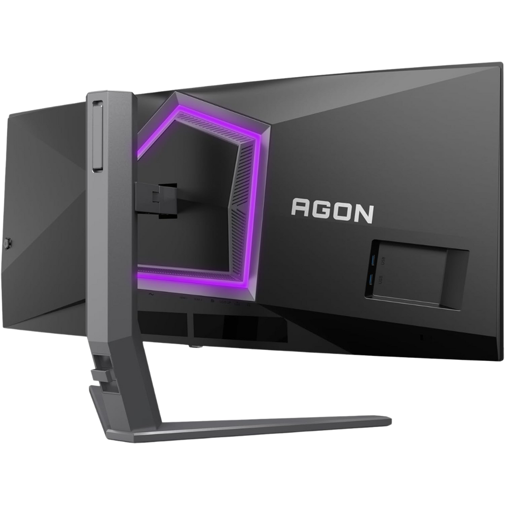 Vue arrière de trois-quarts de l'écran PC gamer incurvé AOC Agon Pro 34 pouces montrant l'éclairage LED violet et le pied ergonomique pour setup FlowUP