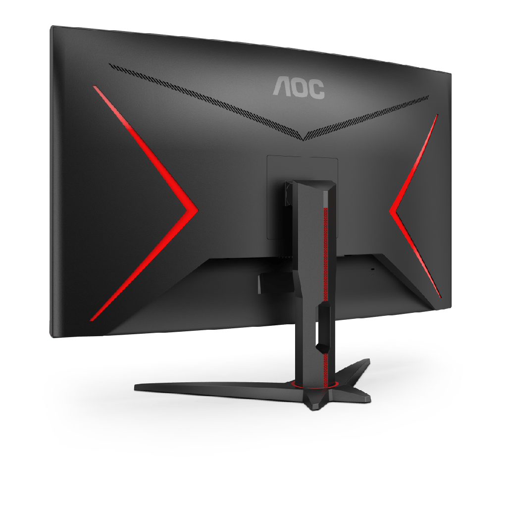 Vue arrière de l'écran PC gamer incurvé AOC 34 pouces WQHD 180Hz avec accents rouges et pied ergonomique pour setup FlowUP