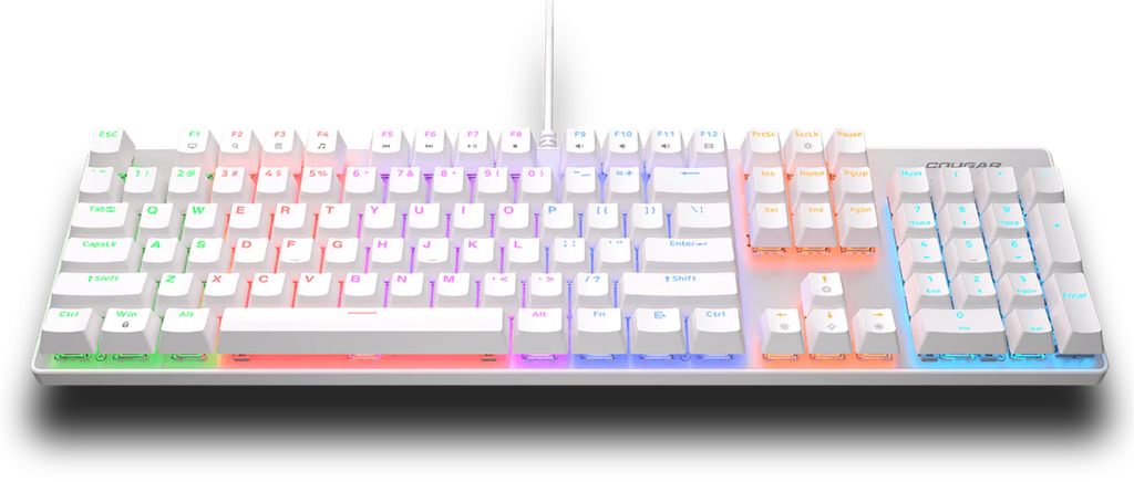 Vue de face clavier mécanique Cougar Ultimus EX blanc avec rétroéclairage RGB multicolore et touches mécaniques haute précision FlowUP