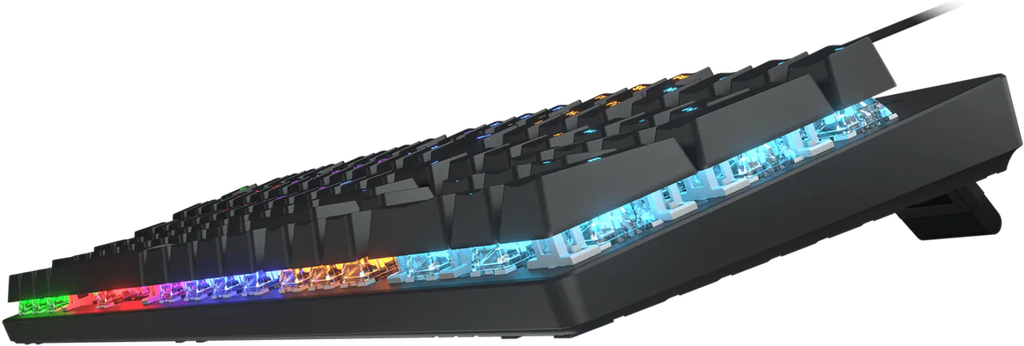 Vue latérale clavier mécanique Cougar Ultimus EX noir avec touches suspendues et switches mécaniques rétroéclairés RGB FlowUP