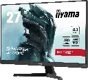 Vue de face de l'écran PC gamer iiyama 27 pouces G-Master G2770HS Red Eagle affichant un casque futuriste et ses spécifications 180Hz