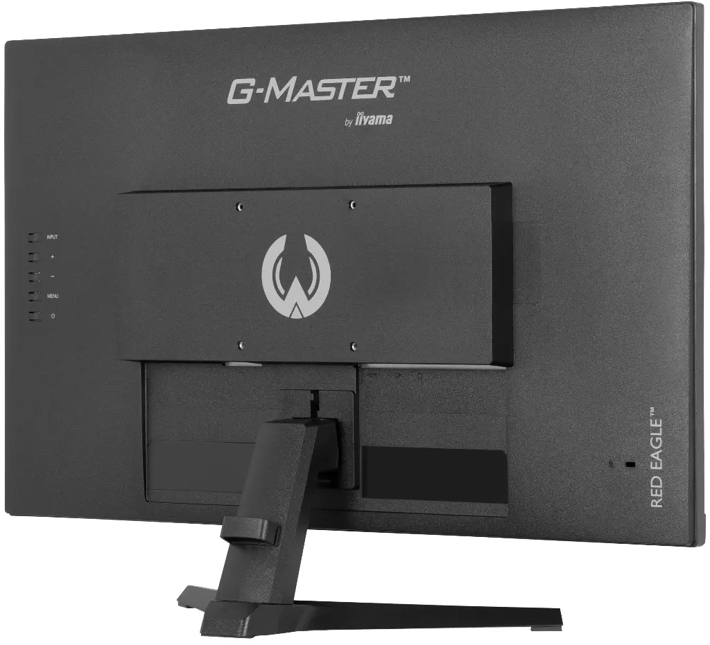 Vue arrière de l'écran iiyama 27 pouces G-Master G2770HS montrant le logo de la marque et la mention Red Eagle sur le châssis noir mat