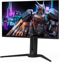 Vue de trois-quarts de l'écran PC gamer plat AORUS 27 pouces avec son pied ergonomique noir au design agressif pour setup FlowUP