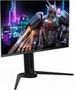 Vue de trois-quarts de l'écran PC gamer plat AORUS 27 pouces avec son pied ergonomique noir au design agressif pour setup FlowUP