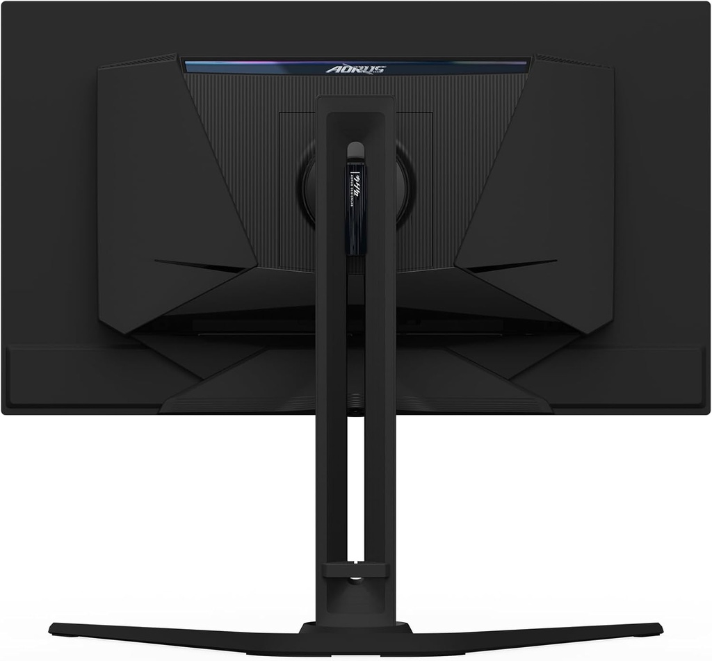 Vue arrière de l'écran PC gamer plat AORUS 27 pouces montrant son pied ergonomique noir et son design futuriste pour setup FlowUP