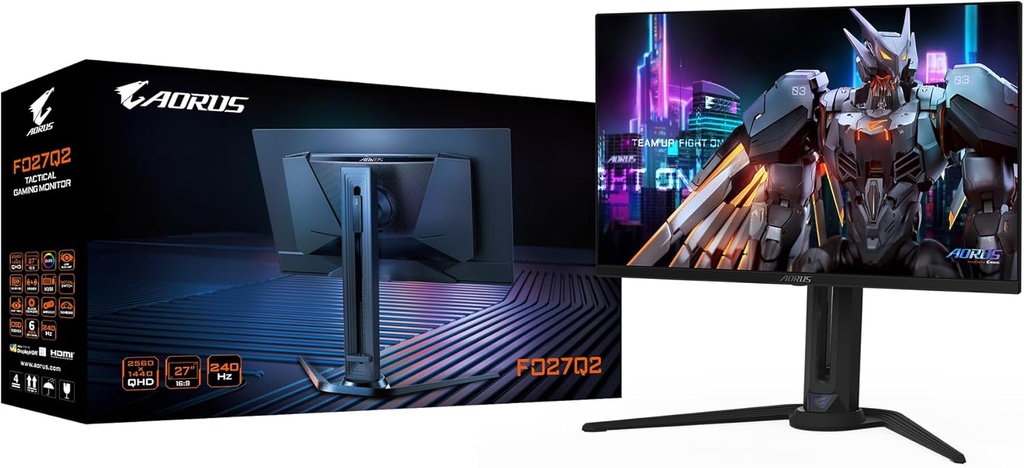 Vue de face de l'écran PC gamer plat AORUS 27 pouces avec son emballage d'origine montrant le modèle FO27Q2 pour setup FlowUP