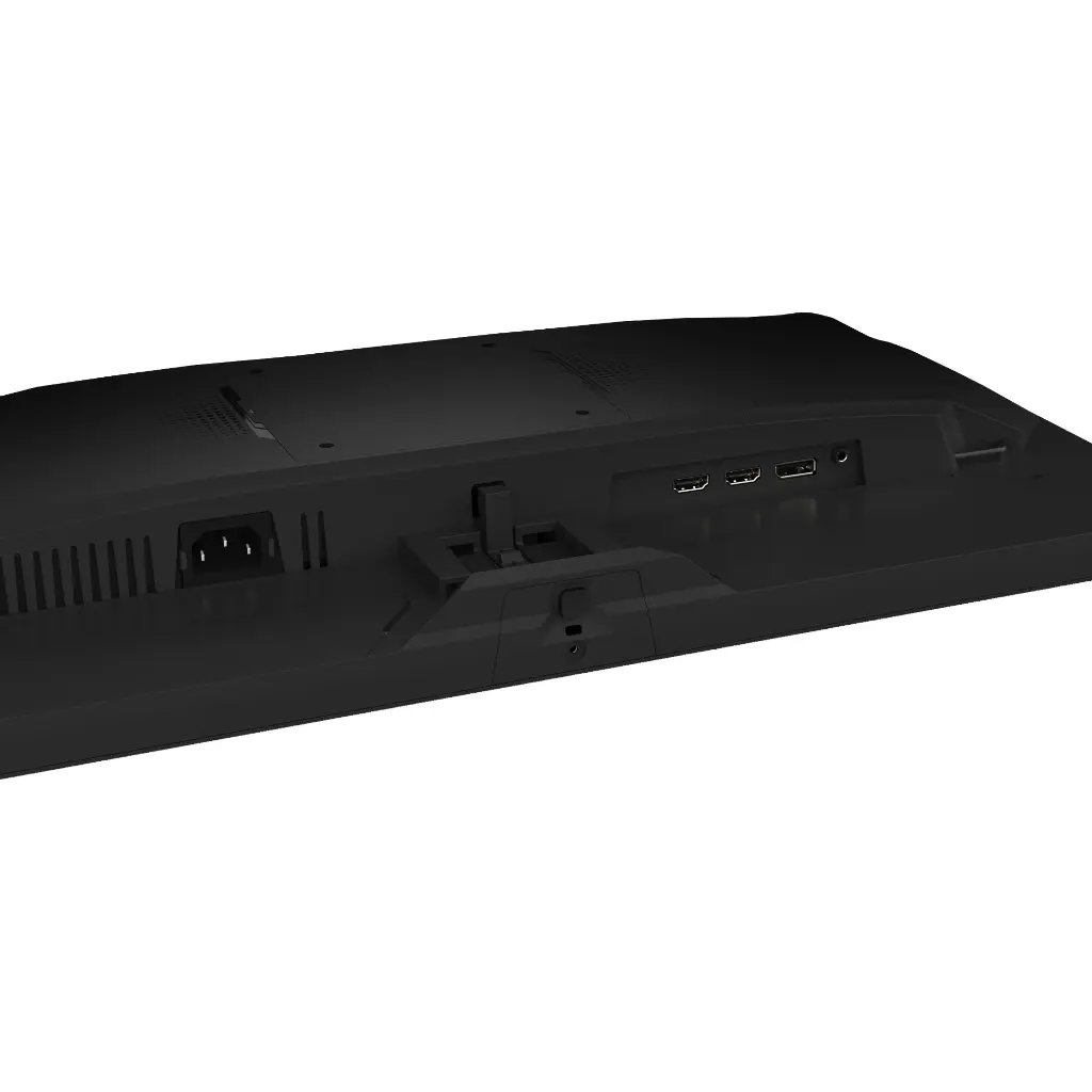 Vue du dessous de l'écran Gigabyte révélant la connectique avec les ports HDMI et DisplayPort ainsi que la prise d'alimentation