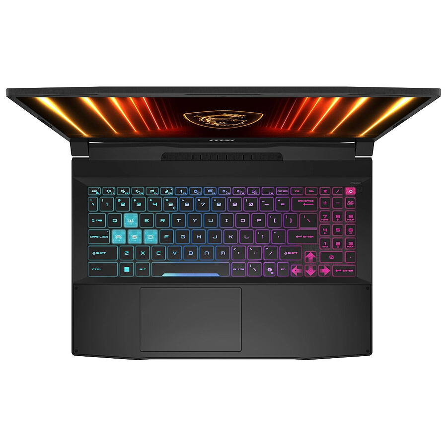 Vue dessus clavier RGB 4 zones du PC portable gamer MSI Katana 15 RTX 5070 Intel Core i7 14650HX écran Full HD 144Hz design noir