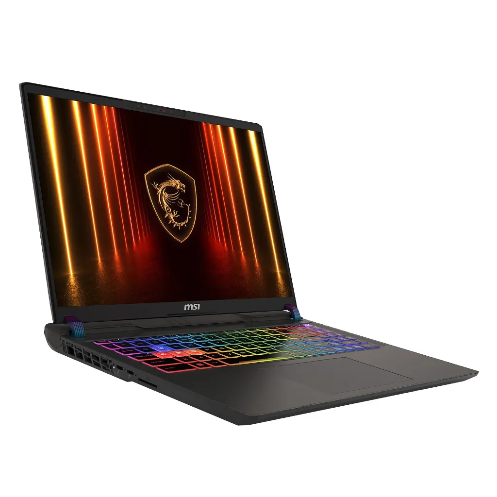 Ordinateur portable gamer MSI Vector noir avec clavier rétroéclairé RGB écran QHD plus 240Hz et carte graphique NVIDIA RTX 5080 intégrée