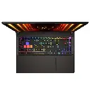 Vue de dessus d'un PC portable gamer MSI Vector noir montrant son clavier rétroéclairé RGB multicolore et son large pavé tactile précis