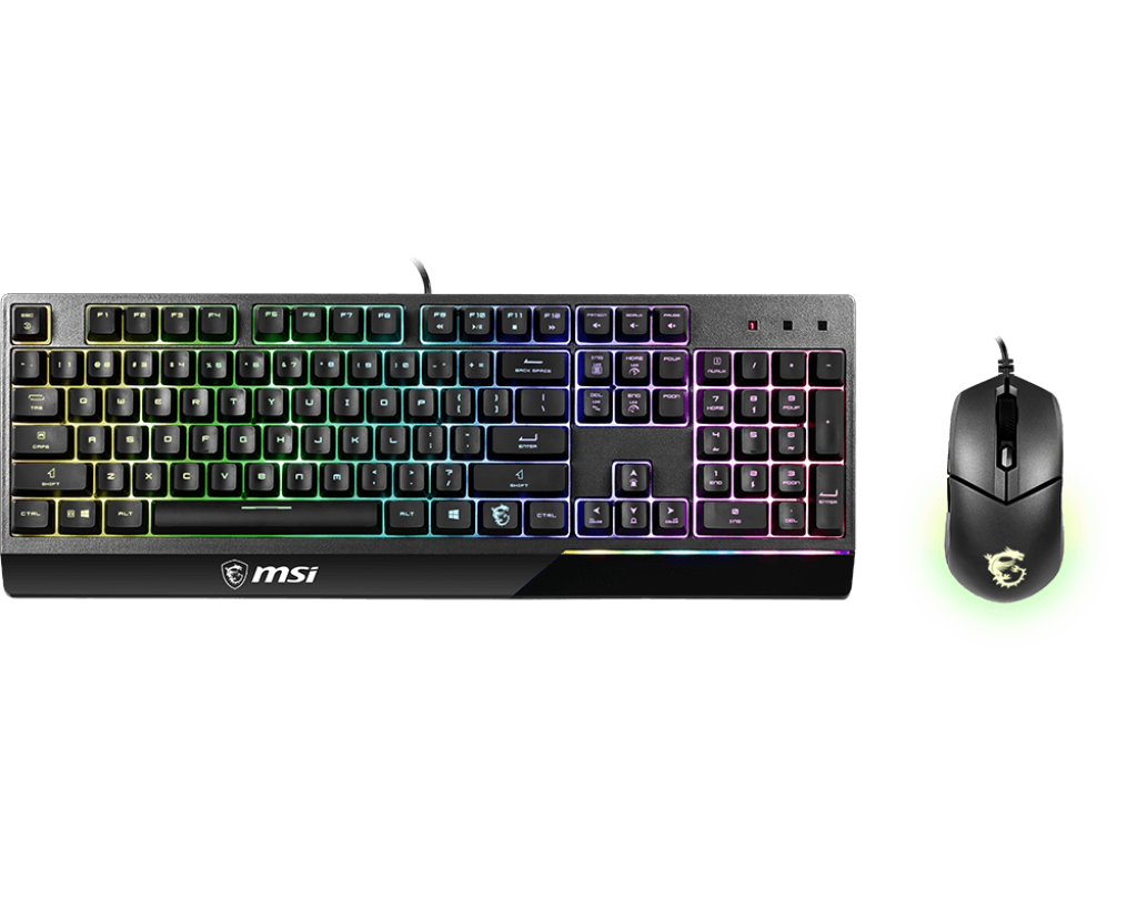 Vue de face ensemble clavier souris MSI Vigor GK30 Combo FR noir montrant les touches AZERTY rétroéclairées et la souris optique FlowUP