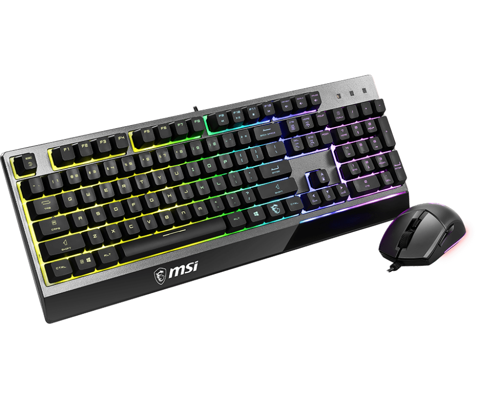 Vue de trois quarts ensemble clavier souris MSI Vigor GK30 Combo FR noir avec éclairage RGB dynamique et touches AZERTY FlowUP