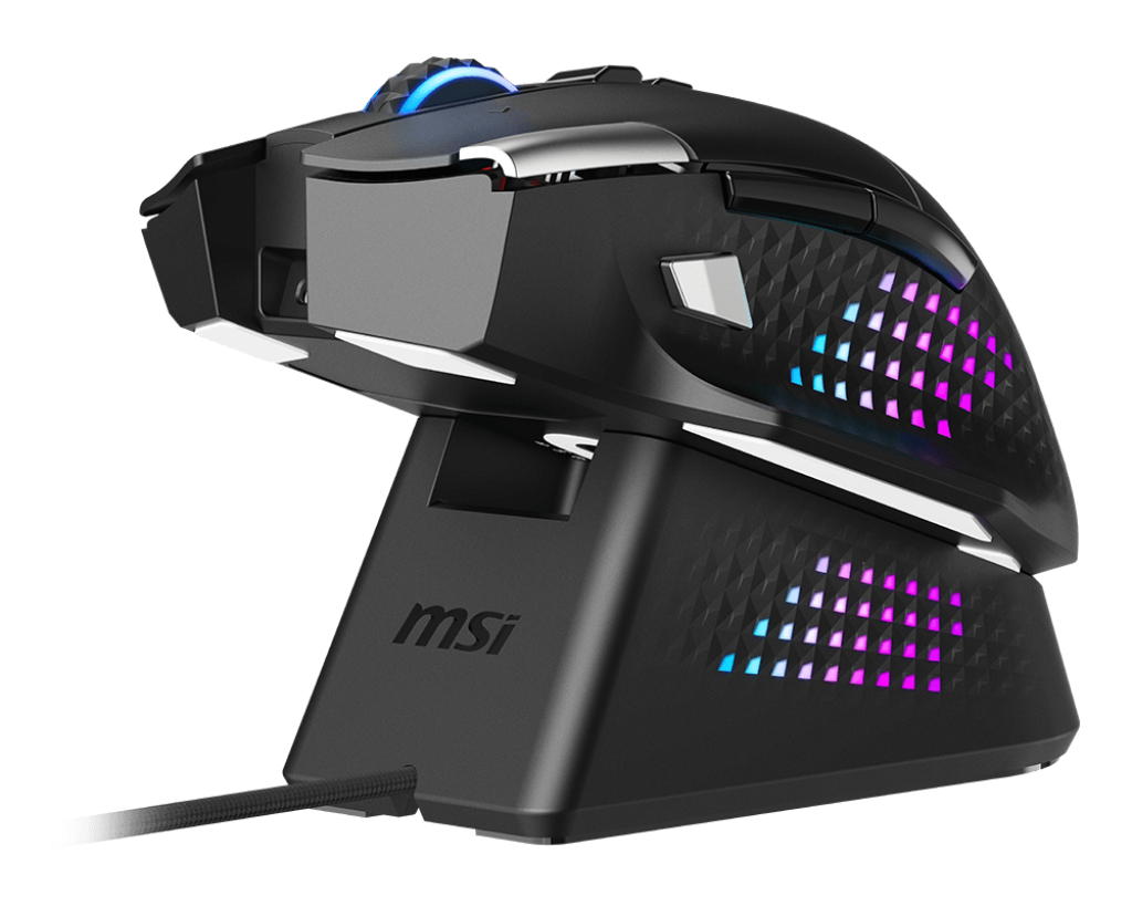 Vue de face souris gamer sans fil MSI Versa Pro Wireless sur son dock de charge magnétique avec rétroéclairage RGB FlowUP