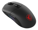 Vue de trois quarts souris gamer sans fil MSI Versa 300 Elite noire avec éclairage RGB sur le flanc et logo dragon rouge FlowUP