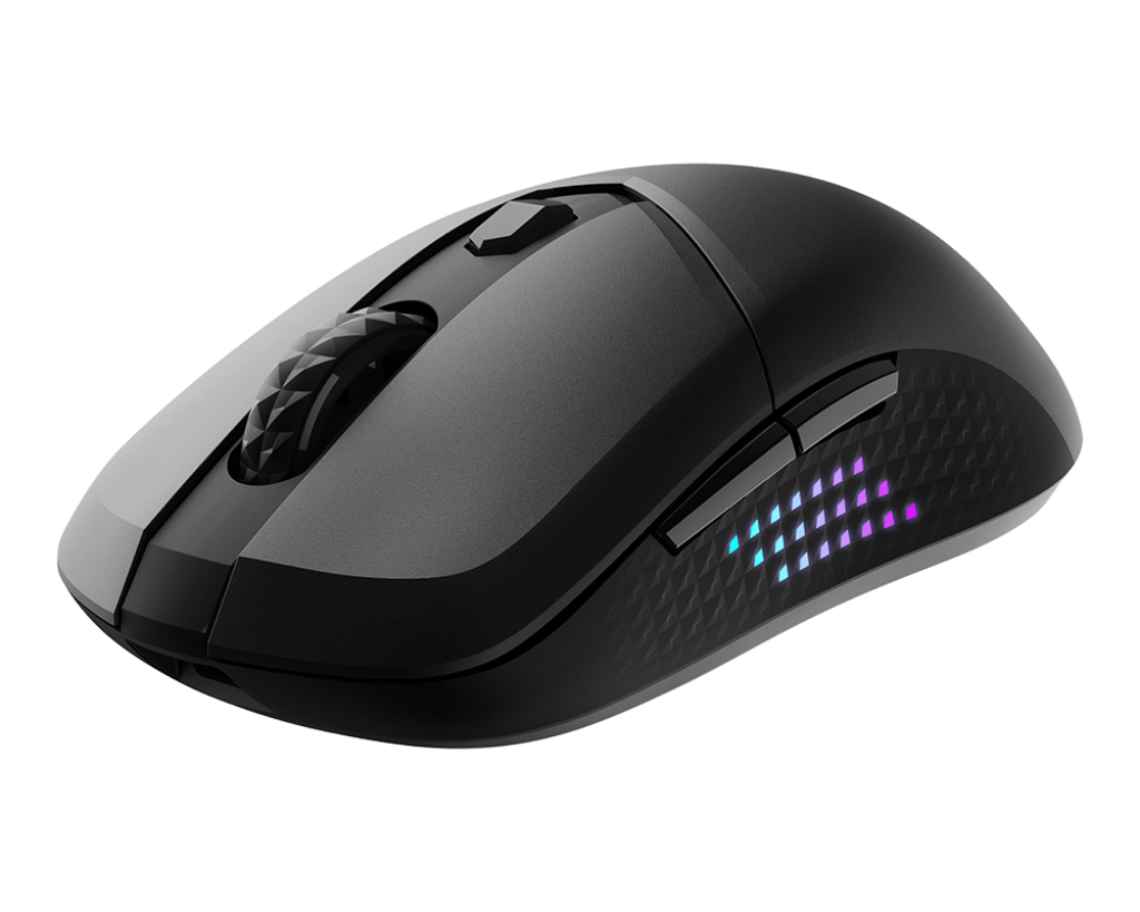 Vue latérale souris gamer sans fil MSI Versa 300 Elite noire montrant les boutons de pouce et le grip texturé rétroéclairé FlowUP