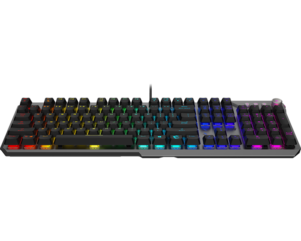 Vue de face clavier mécanique MSI Strike 600 Silent noir avec rétroéclairage LED RGB et molette de contrôle multimédia FlowUP