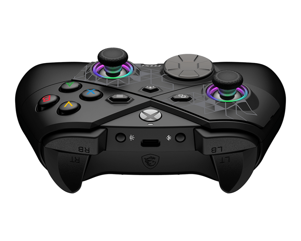 Vue de dessus manette gaming sans fil MSI Force Pro Wireless montrant les gâchettes et le port de charge USB C FlowUP