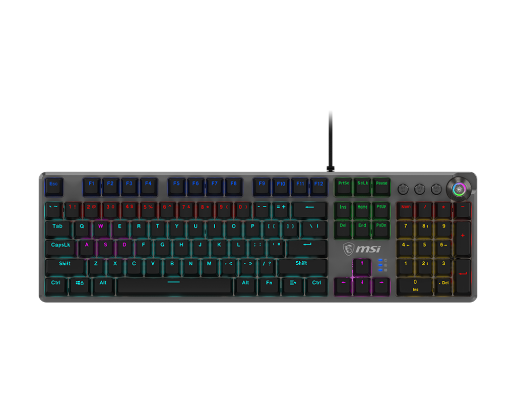 Vue de face clavier mécanique MSI Forge GK310 Red FR noir avec rétroéclairage RGB personnalisable et pavé numérique complet FlowUP